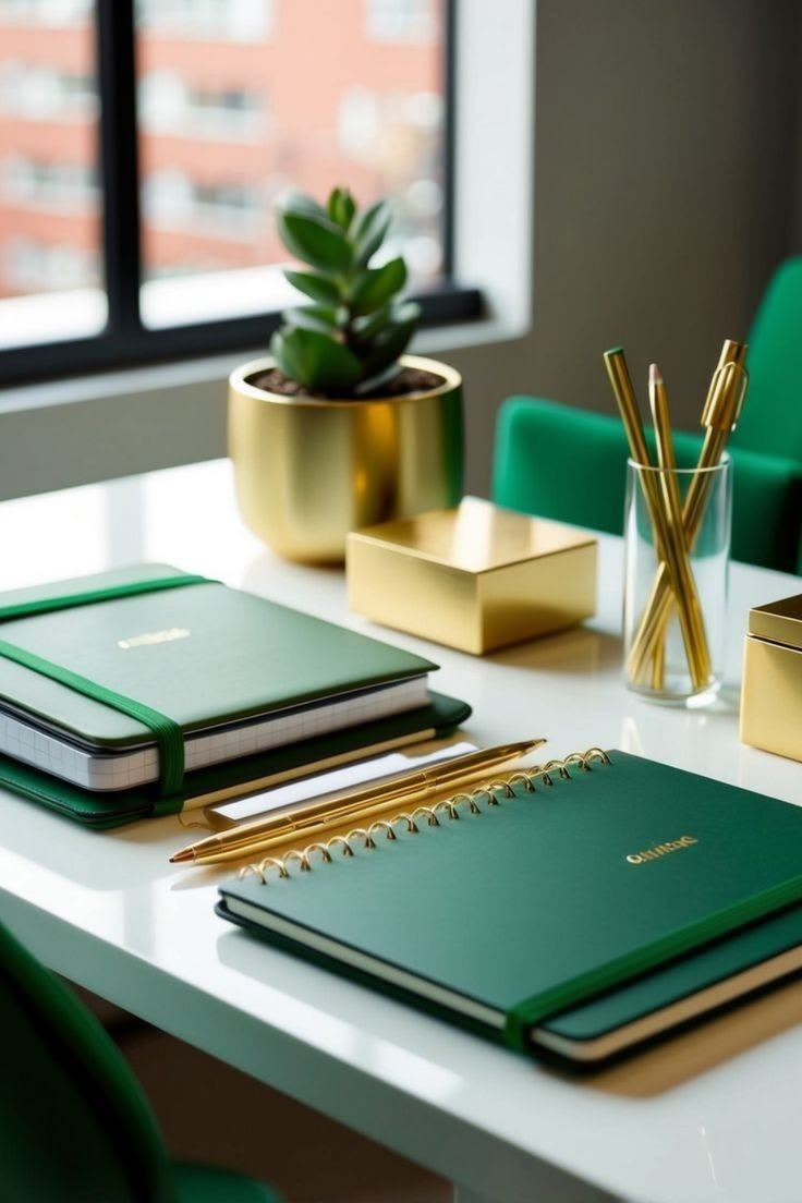 Organized green notebooks and office supplies