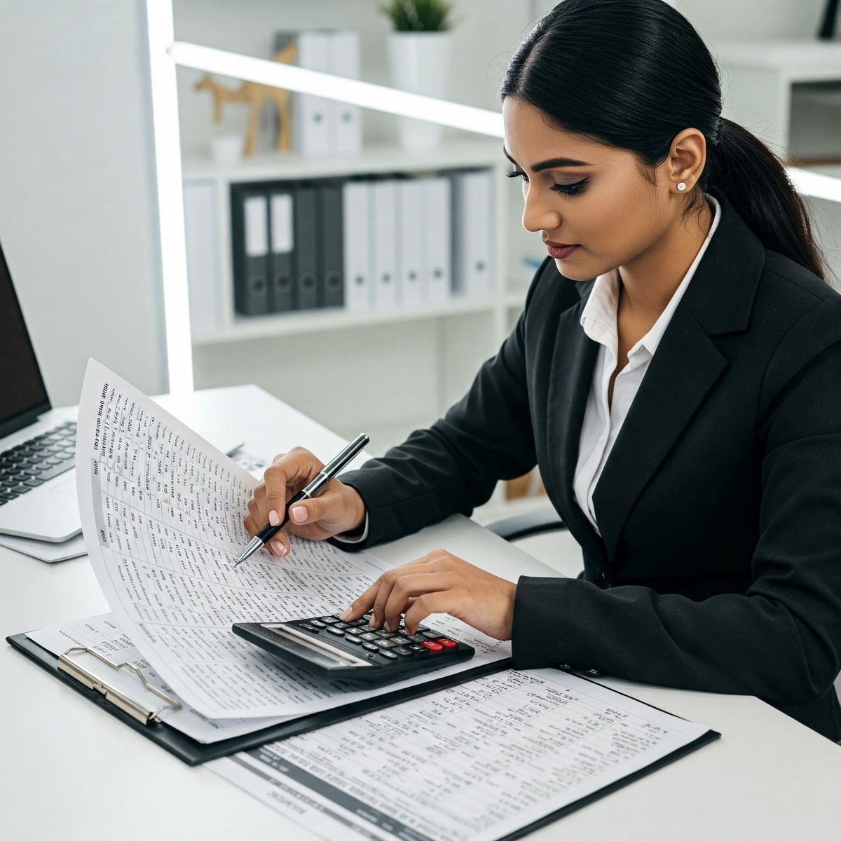 Accountant reviewing financial records with a calculator