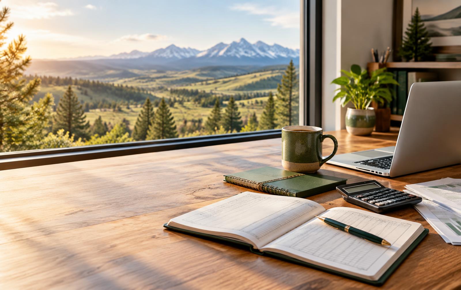 Bookkeeping workspace overlooking the Colorado foothills